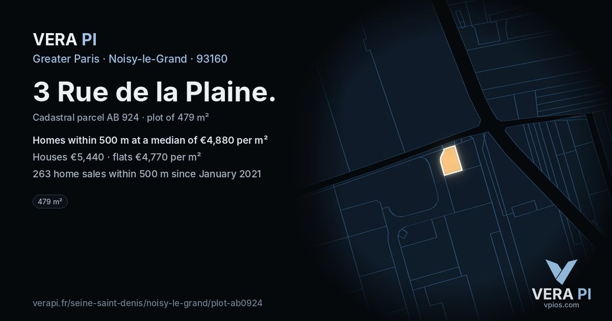 3 Rue de la Plaine, Noisy-le-Grand at night – the plot lit, the parcels around coloured by the prices near them