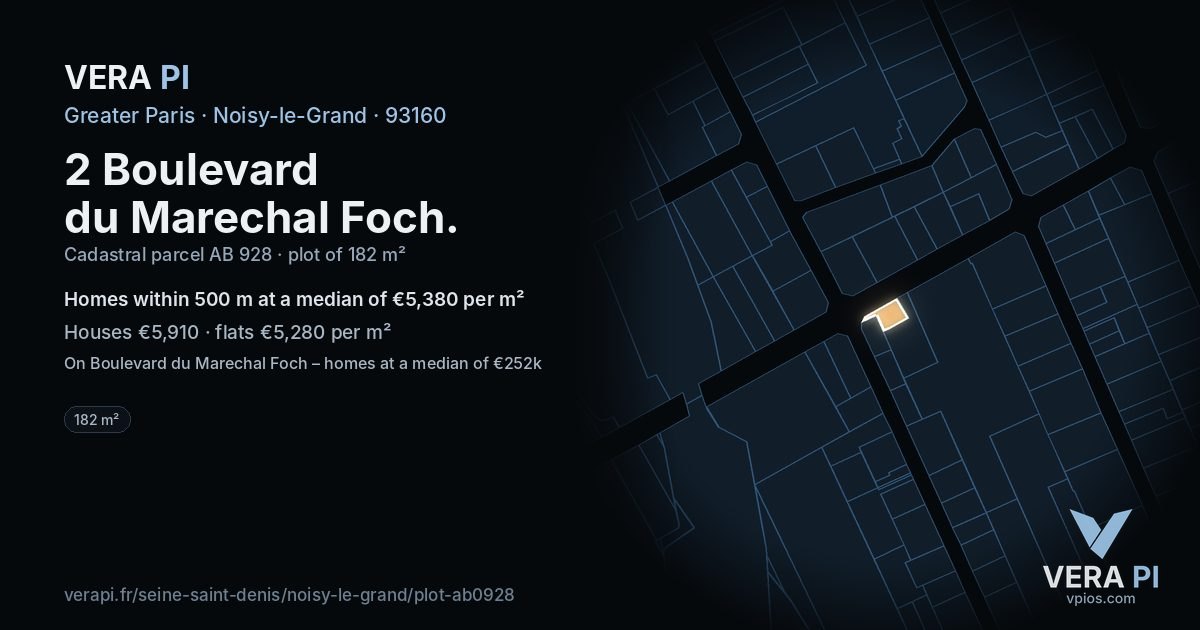 2 Boulevard du Marechal Foch, Noisy-le-Grand at night – the plot lit, the parcels around coloured by the prices near them