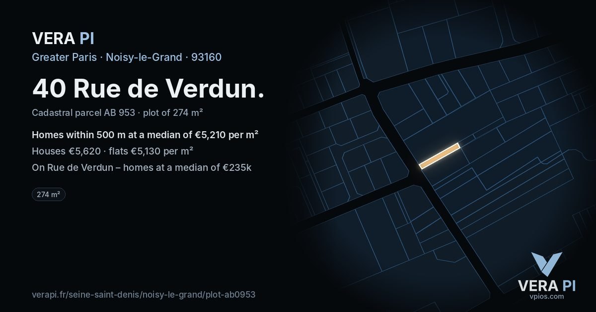 40 Rue de Verdun, Noisy-le-Grand at night – the plot lit, the parcels around coloured by the prices near them