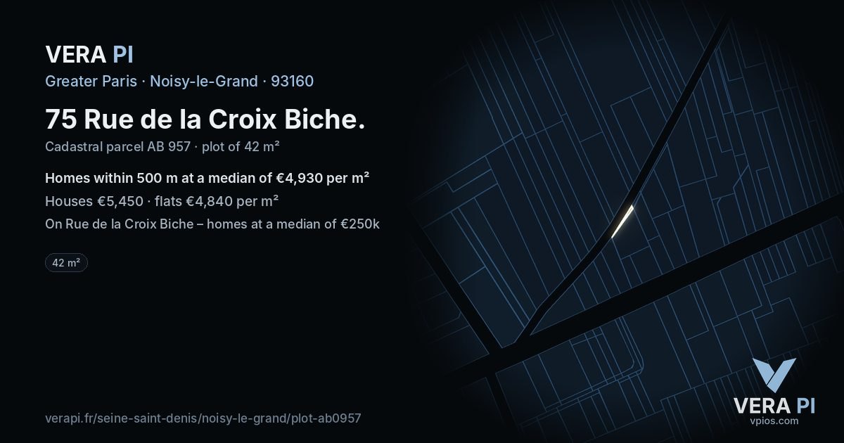 75 Rue de la Croix Biche, Noisy-le-Grand at night – the plot lit, the parcels around coloured by the prices near them