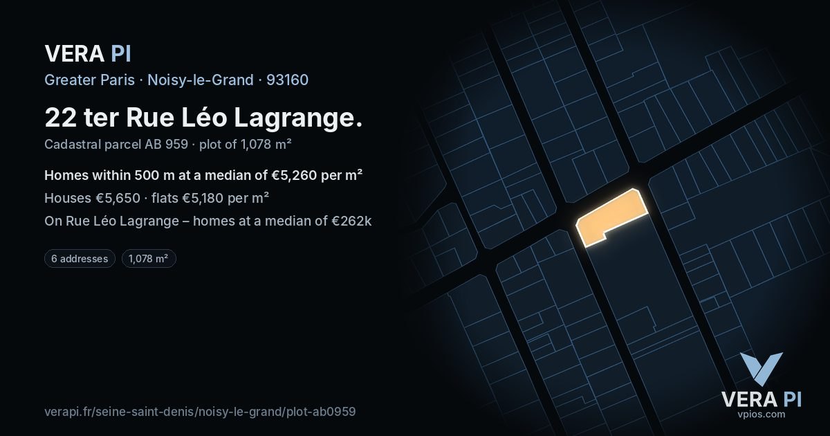 22 ter Rue Léo Lagrange, Noisy-le-Grand at night – the plot lit, the parcels around coloured by the prices near them