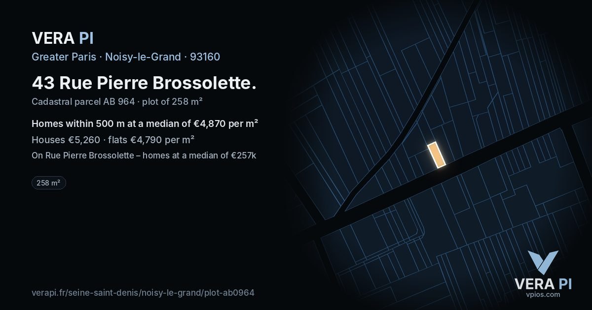 43 Rue Pierre Brossolette, Noisy-le-Grand at night – the plot lit, the parcels around coloured by the prices near them