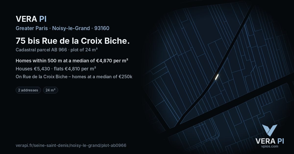 75 bis Rue de la Croix Biche, Noisy-le-Grand at night – the plot lit, the parcels around coloured by the prices near them