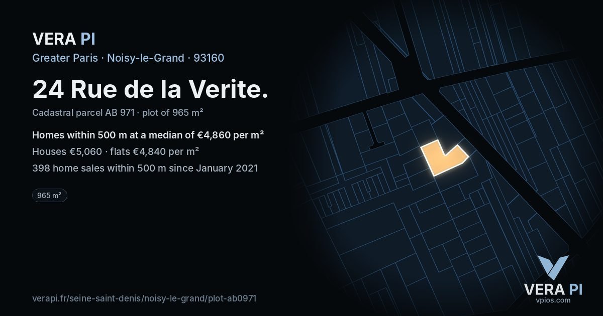 24 Rue de la Verite, Noisy-le-Grand at night – the plot lit, the parcels around coloured by the prices near them