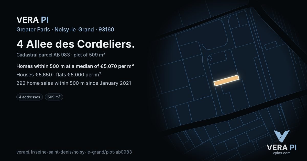 4 Allee des Cordeliers, Noisy-le-Grand at night – the plot lit, the parcels around coloured by the prices near them