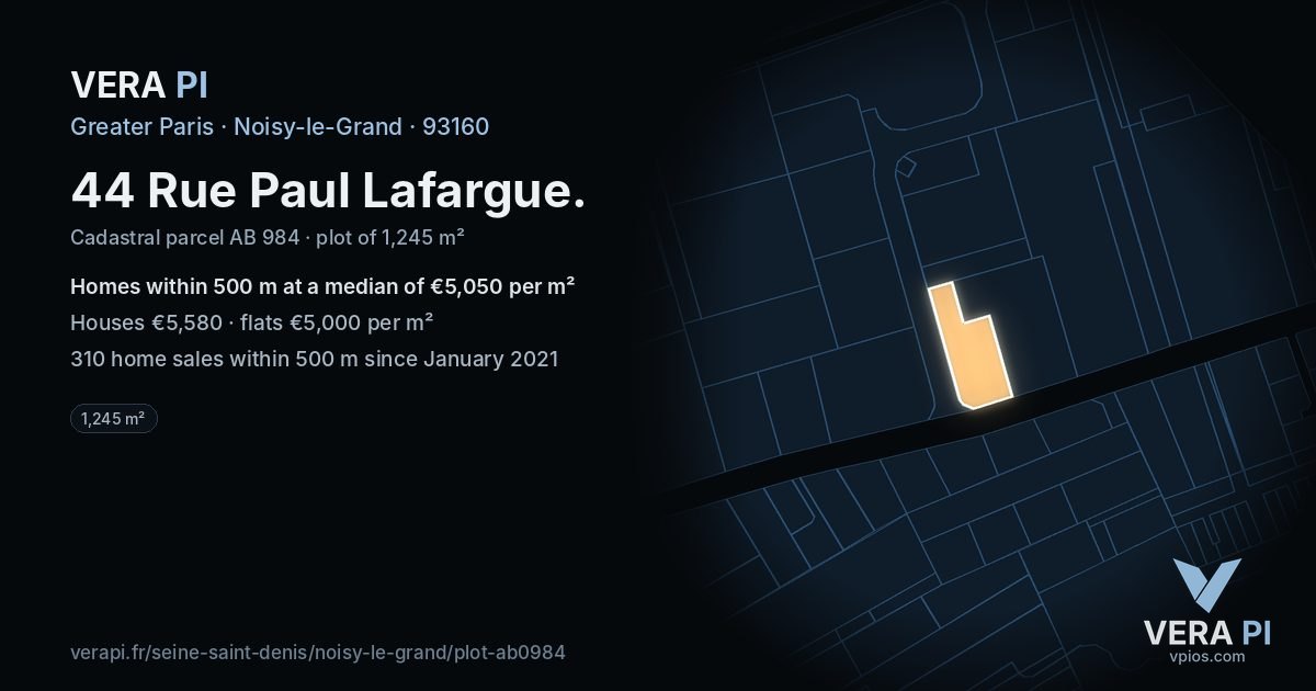44 Rue Paul Lafargue, Noisy-le-Grand at night – the plot lit, the parcels around coloured by the prices near them