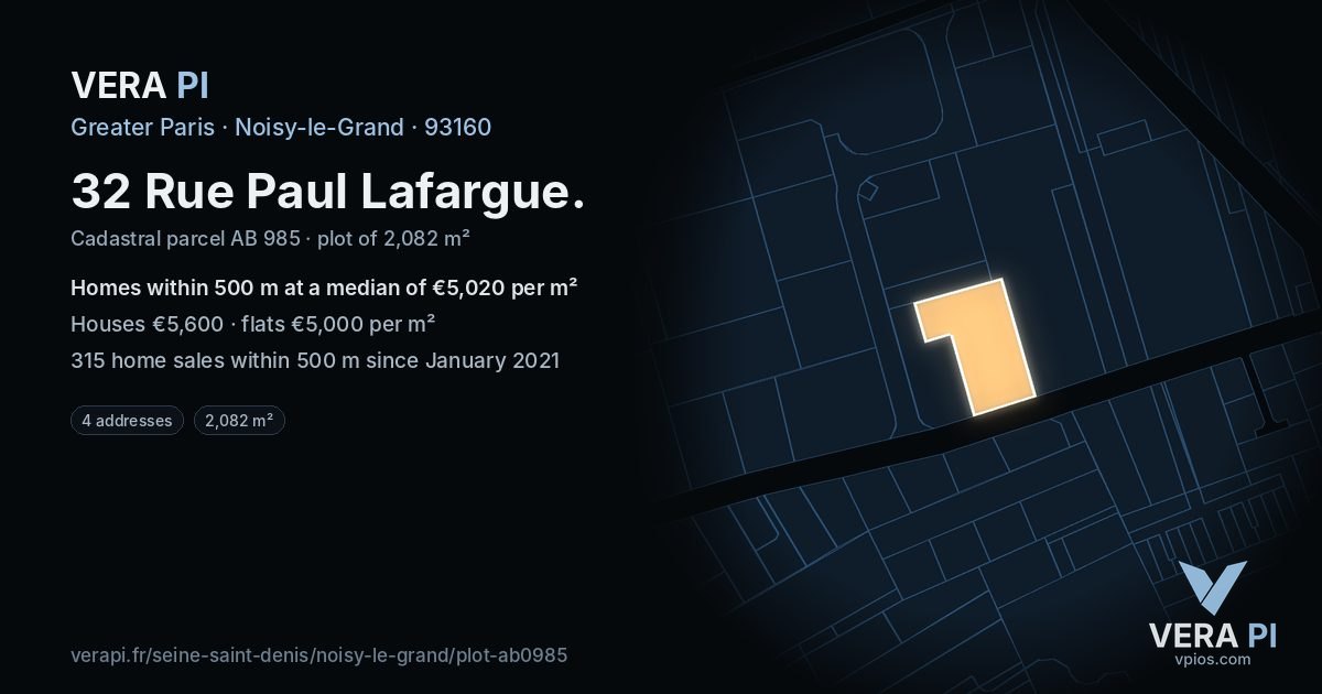 32 Rue Paul Lafargue, Noisy-le-Grand at night – the plot lit, the parcels around coloured by the prices near them