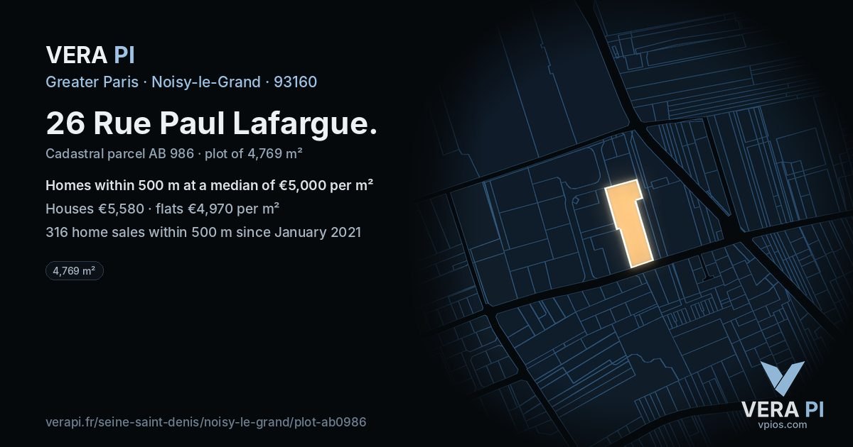 26 Rue Paul Lafargue, Noisy-le-Grand at night – the plot lit, the parcels around coloured by the prices near them