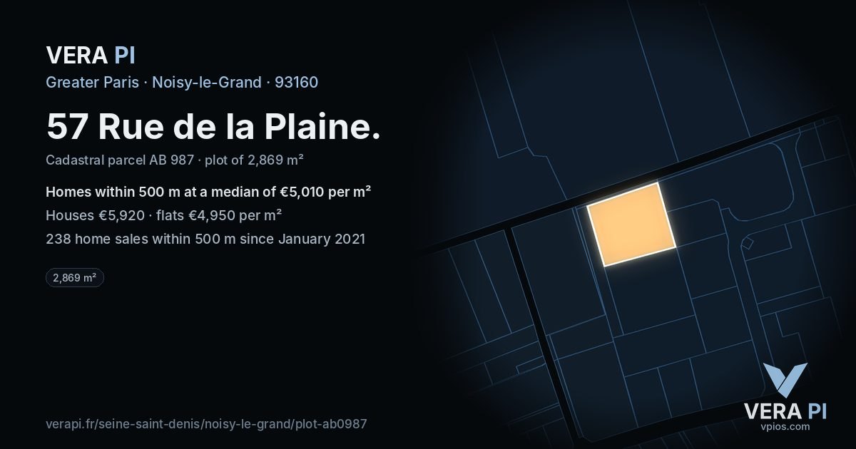 57 Rue de la Plaine, Noisy-le-Grand at night – the plot lit, the parcels around coloured by the prices near them
