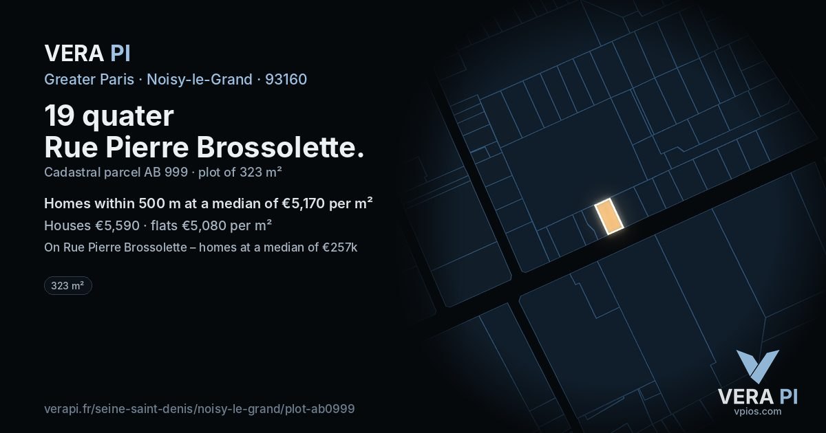 19 quater Rue Pierre Brossolette, Noisy-le-Grand at night – the plot lit, the parcels around coloured by the prices near them