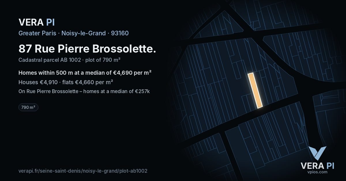 87 Rue Pierre Brossolette, Noisy-le-Grand at night – the plot lit, the parcels around coloured by the prices near them