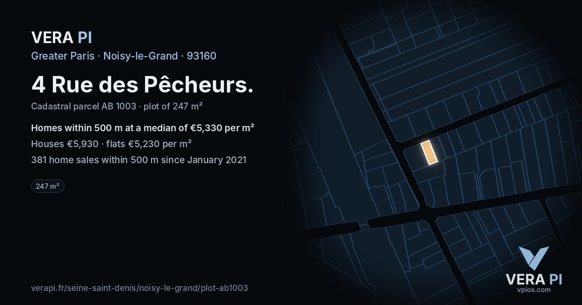 4 Rue des Pêcheurs, Noisy-le-Grand at night – the plot lit, the parcels around coloured by the prices near them