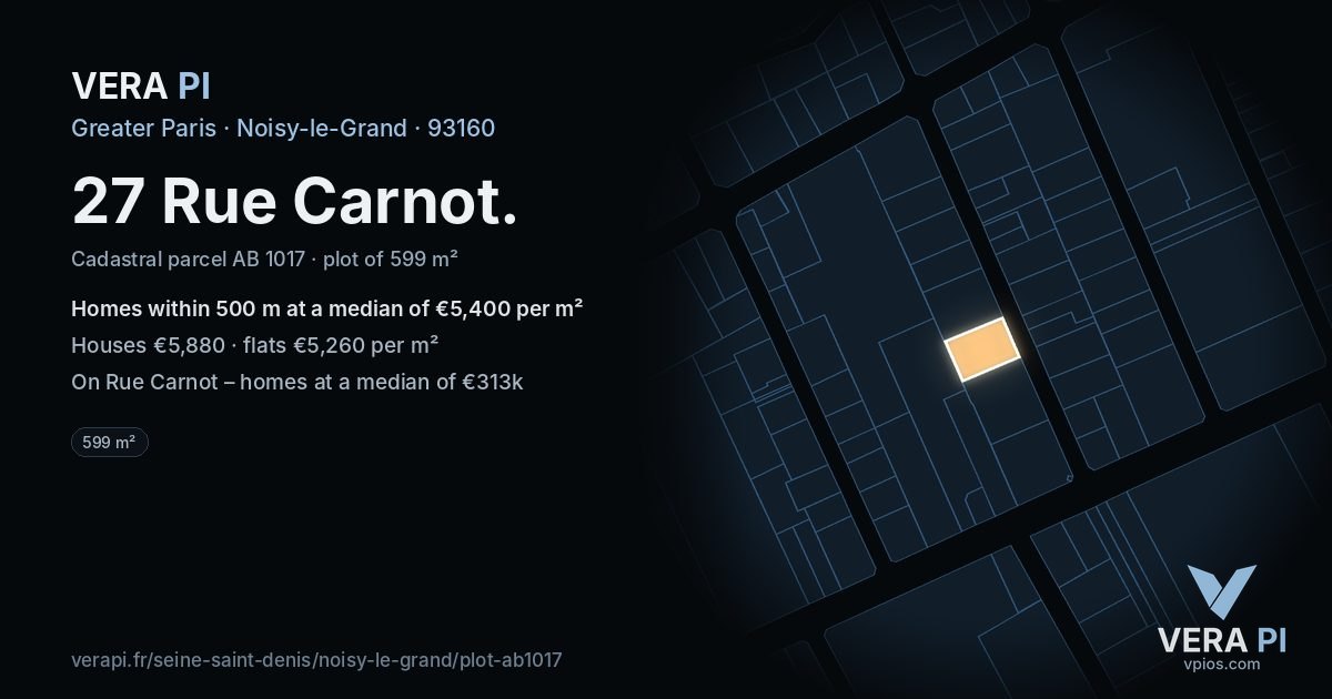 27 Rue Carnot, Noisy-le-Grand at night – the plot lit, the parcels around coloured by the prices near them