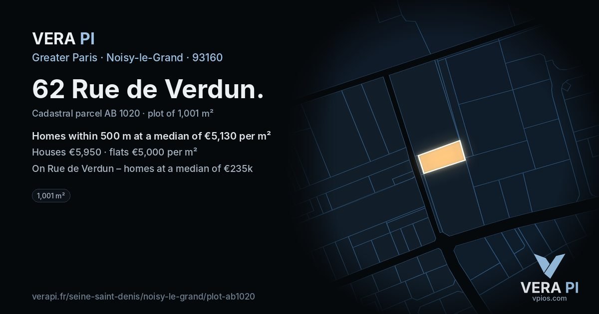 62 Rue de Verdun, Noisy-le-Grand at night – the plot lit, the parcels around coloured by the prices near them