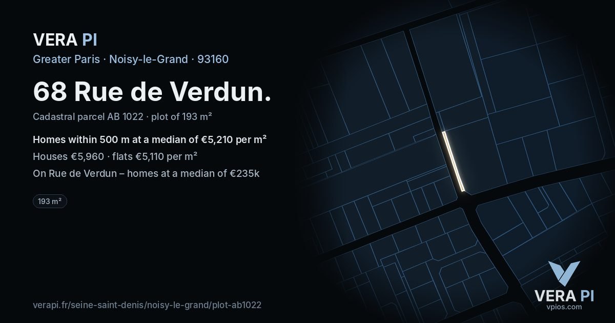 68 Rue de Verdun, Noisy-le-Grand at night – the plot lit, the parcels around coloured by the prices near them
