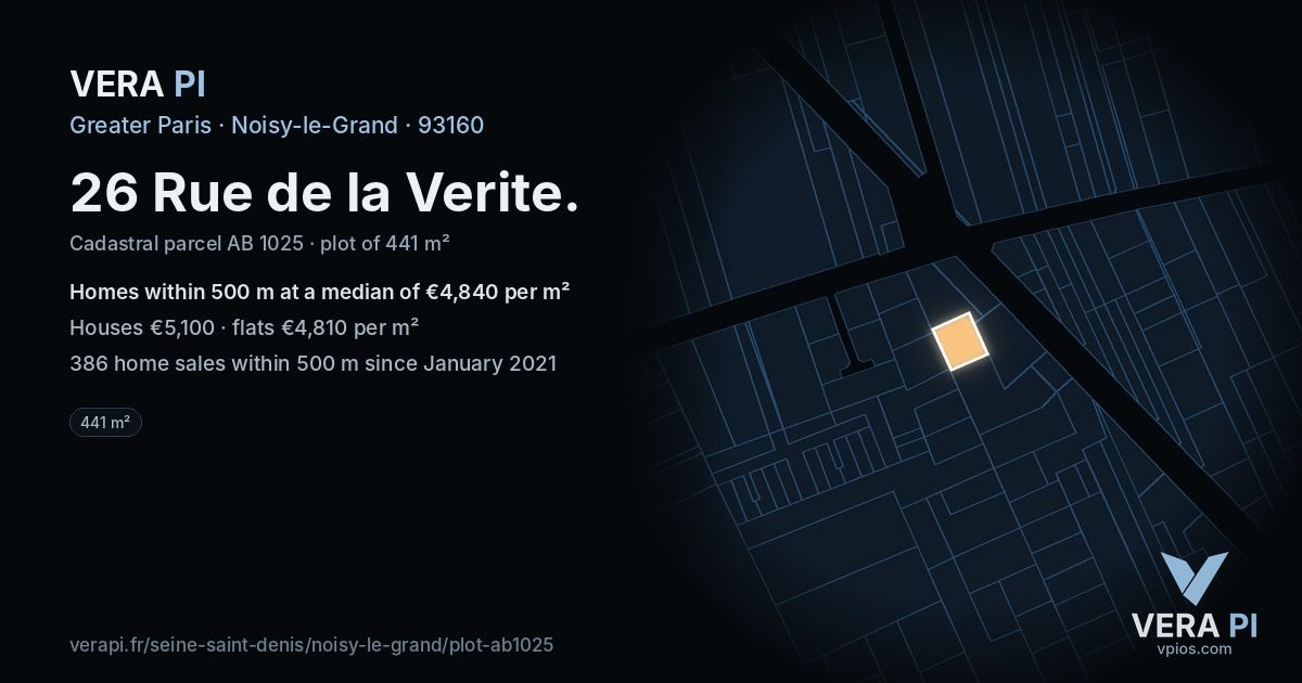26 Rue de la Verite, Noisy-le-Grand at night – the plot lit, the parcels around coloured by the prices near them