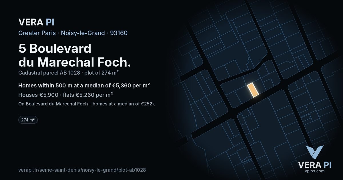 5 Boulevard du Marechal Foch, Noisy-le-Grand at night – the plot lit, the parcels around coloured by the prices near them