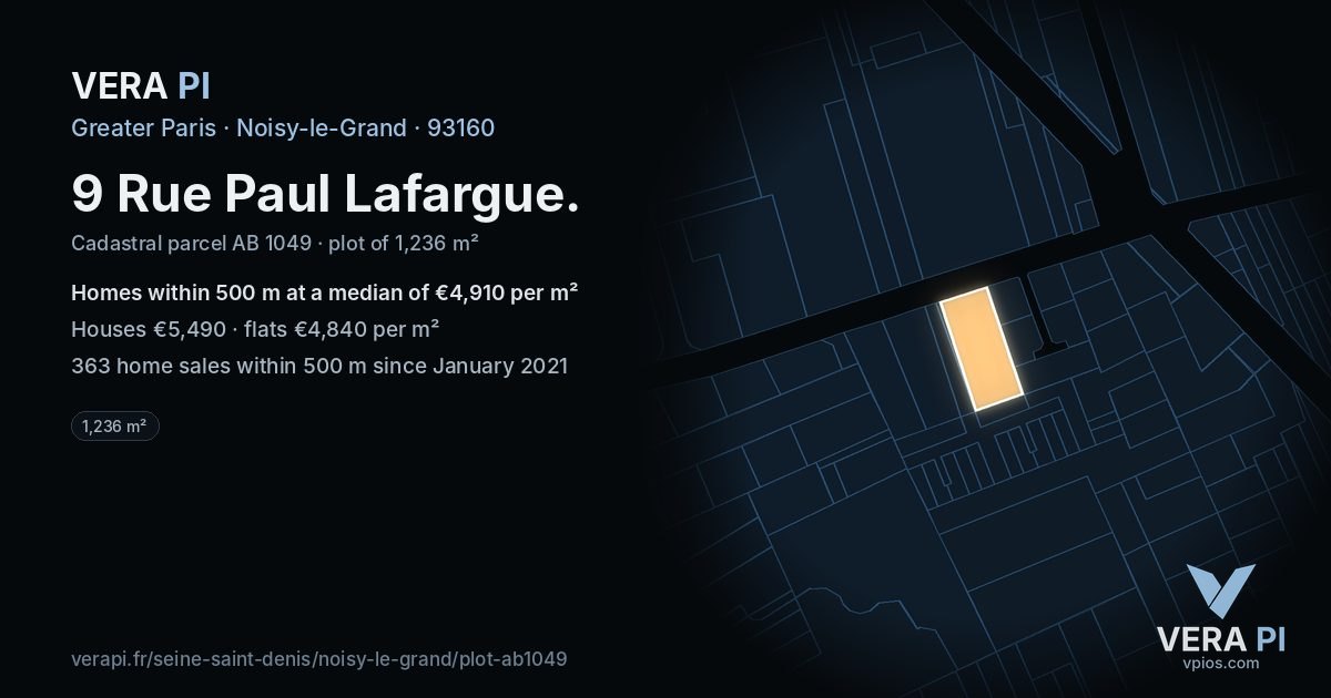 9 Rue Paul Lafargue, Noisy-le-Grand at night – the plot lit, the parcels around coloured by the prices near them