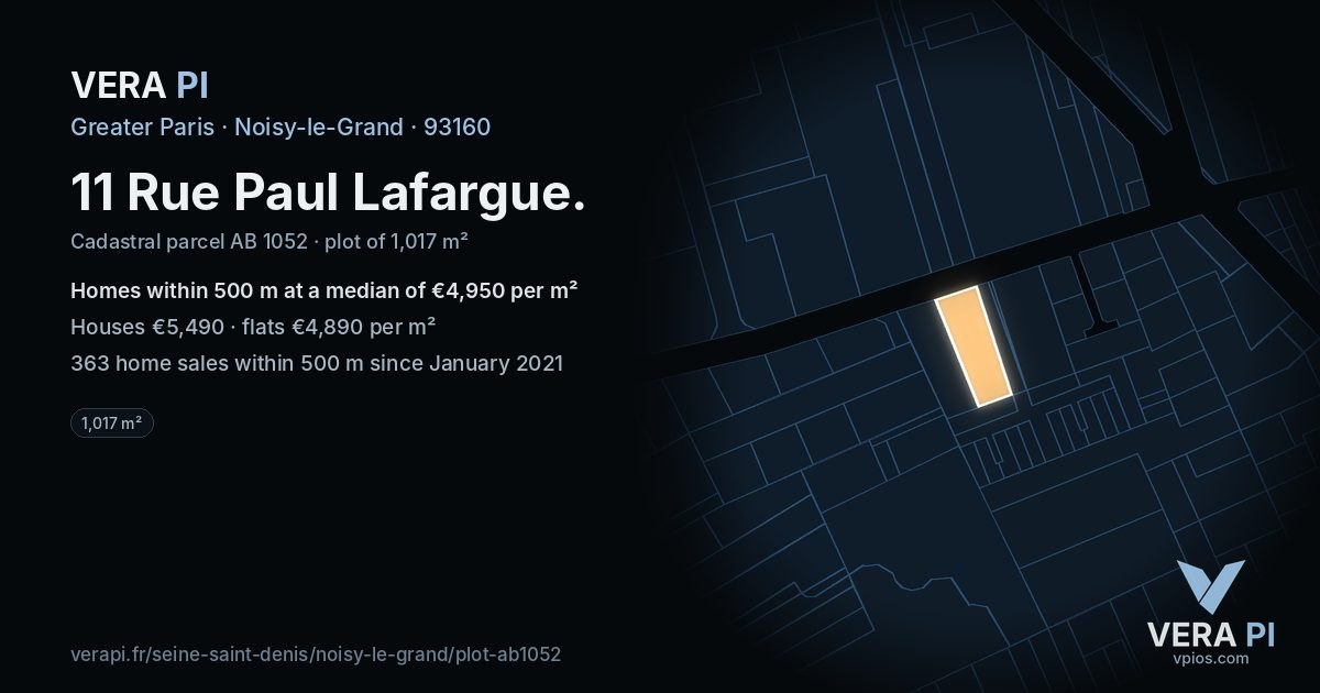 11 Rue Paul Lafargue, Noisy-le-Grand at night – the plot lit, the parcels around coloured by the prices near them