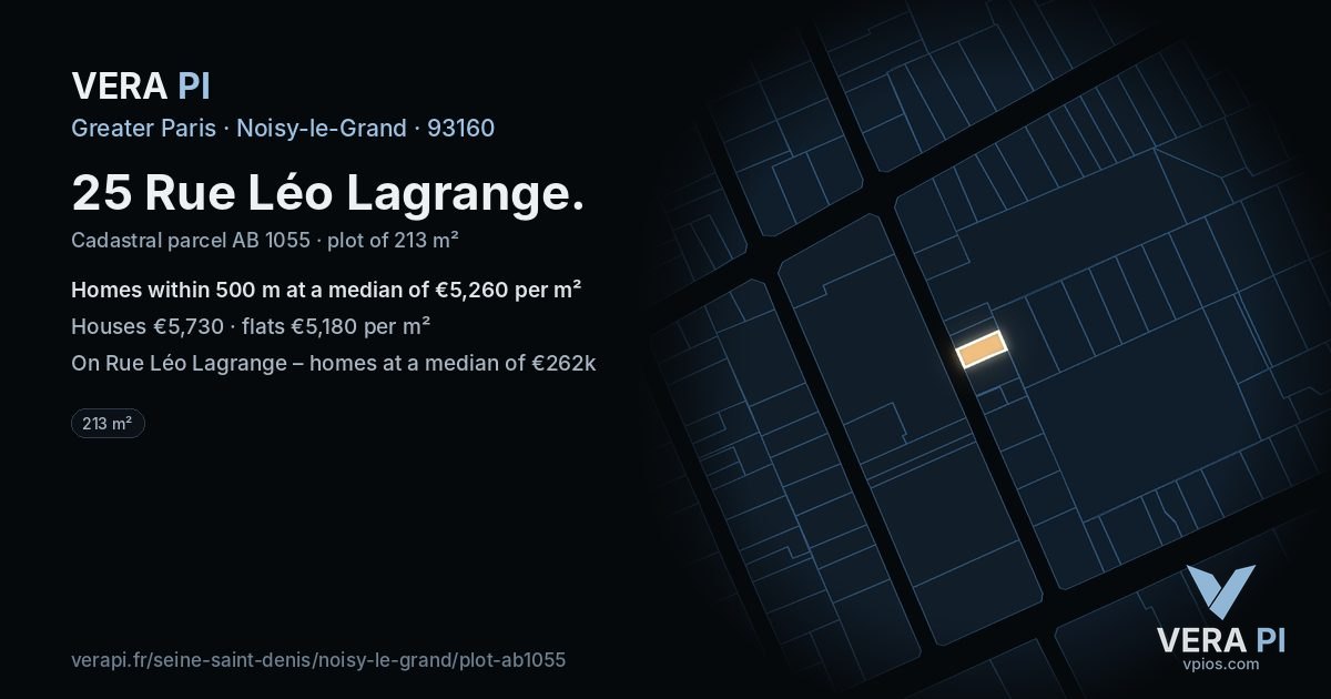 25 Rue Léo Lagrange, Noisy-le-Grand at night – the plot lit, the parcels around coloured by the prices near them