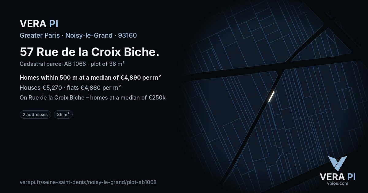 57 Rue de la Croix Biche, Noisy-le-Grand at night – the plot lit, the parcels around coloured by the prices near them