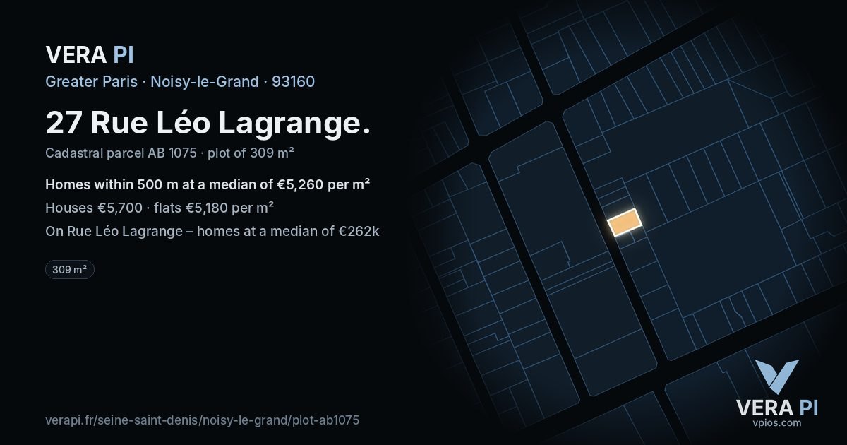 27 Rue Léo Lagrange, Noisy-le-Grand at night – the plot lit, the parcels around coloured by the prices near them