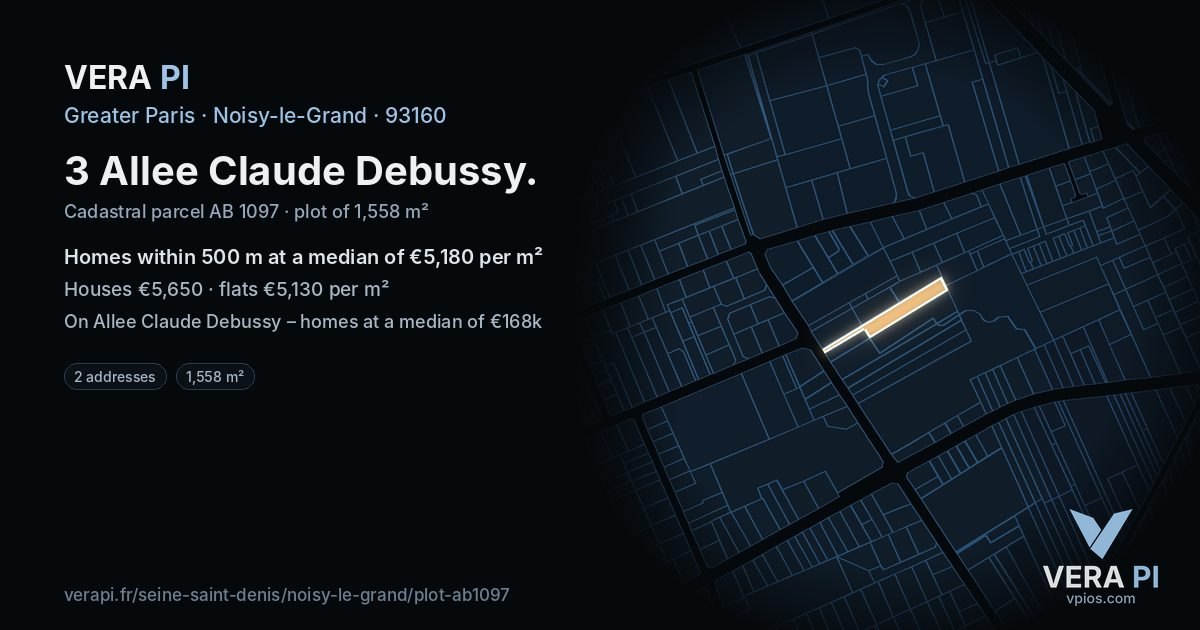 3 Allee Claude Debussy, Noisy-le-Grand at night – the plot lit, the parcels around coloured by the prices near them