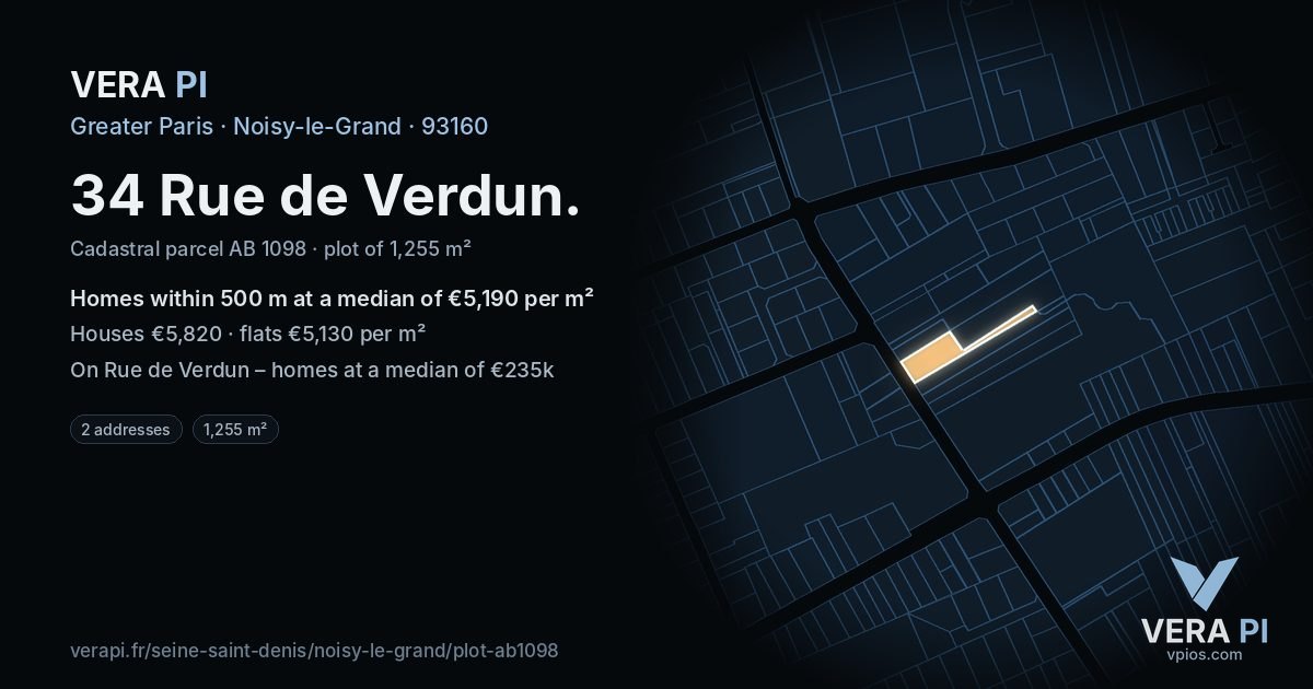 34 Rue de Verdun, Noisy-le-Grand at night – the plot lit, the parcels around coloured by the prices near them