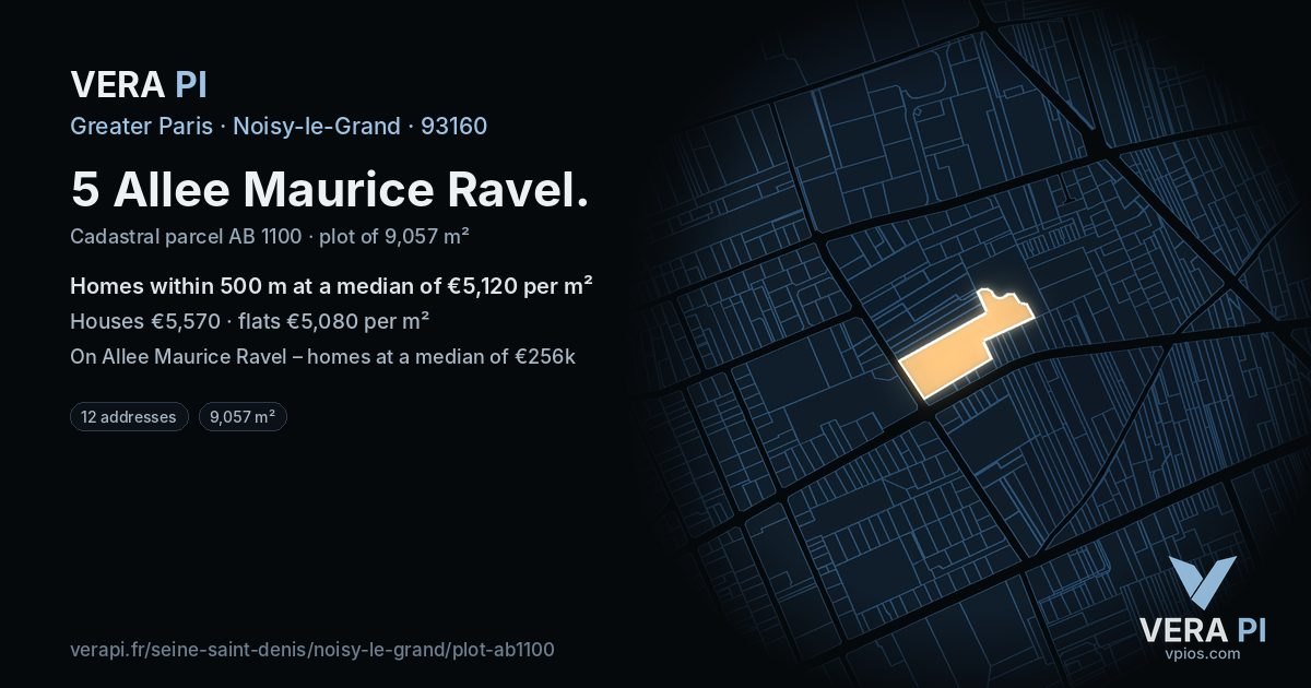 5 Allee Maurice Ravel, Noisy-le-Grand at night – the plot lit, the parcels around coloured by the prices near them