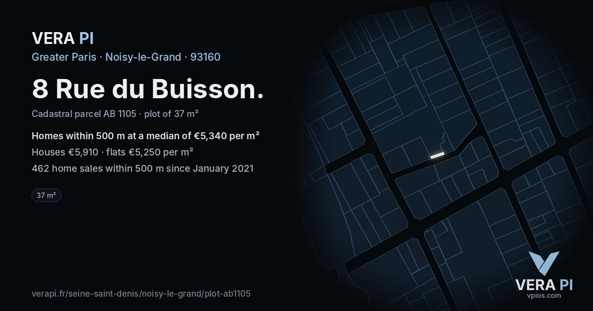 8 Rue du Buisson, Noisy-le-Grand at night – the plot lit, the parcels around coloured by the prices near them