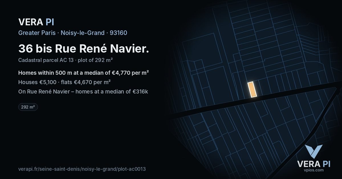 36 bis Rue René Navier, Noisy-le-Grand at night – the plot lit, the parcels around coloured by the prices near them