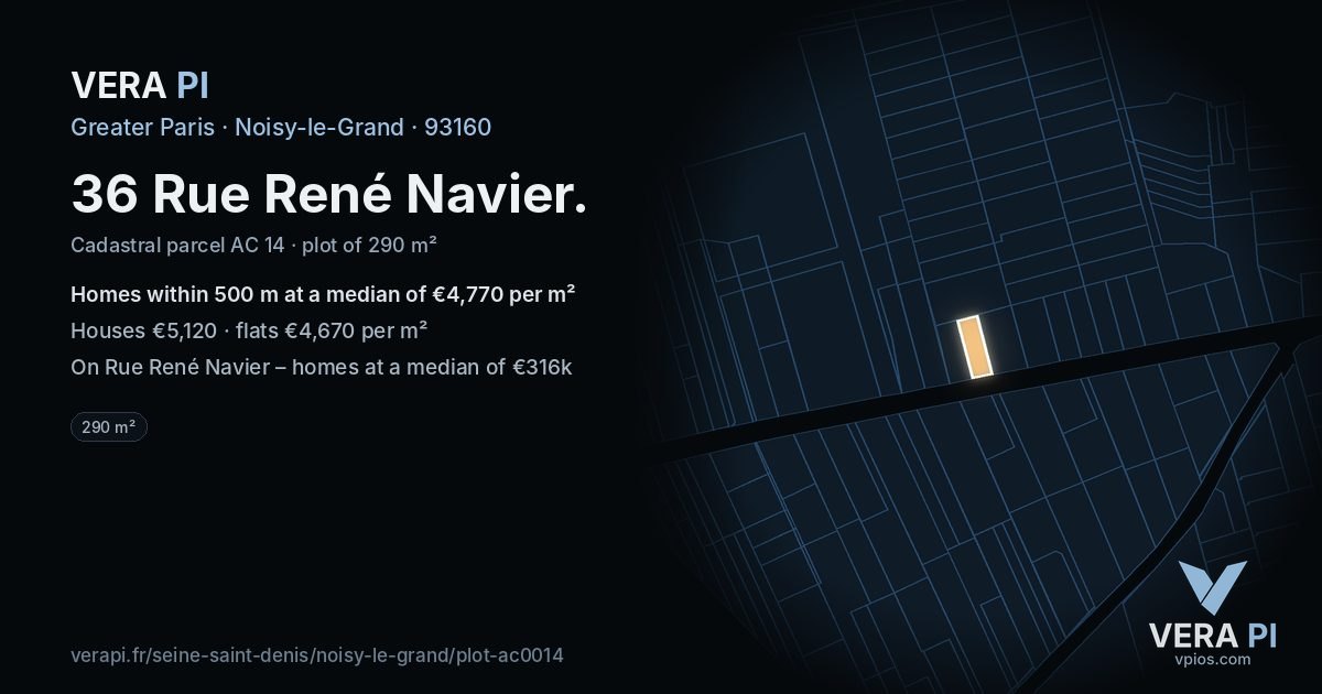 36 Rue René Navier, Noisy-le-Grand at night – the plot lit, the parcels around coloured by the prices near them