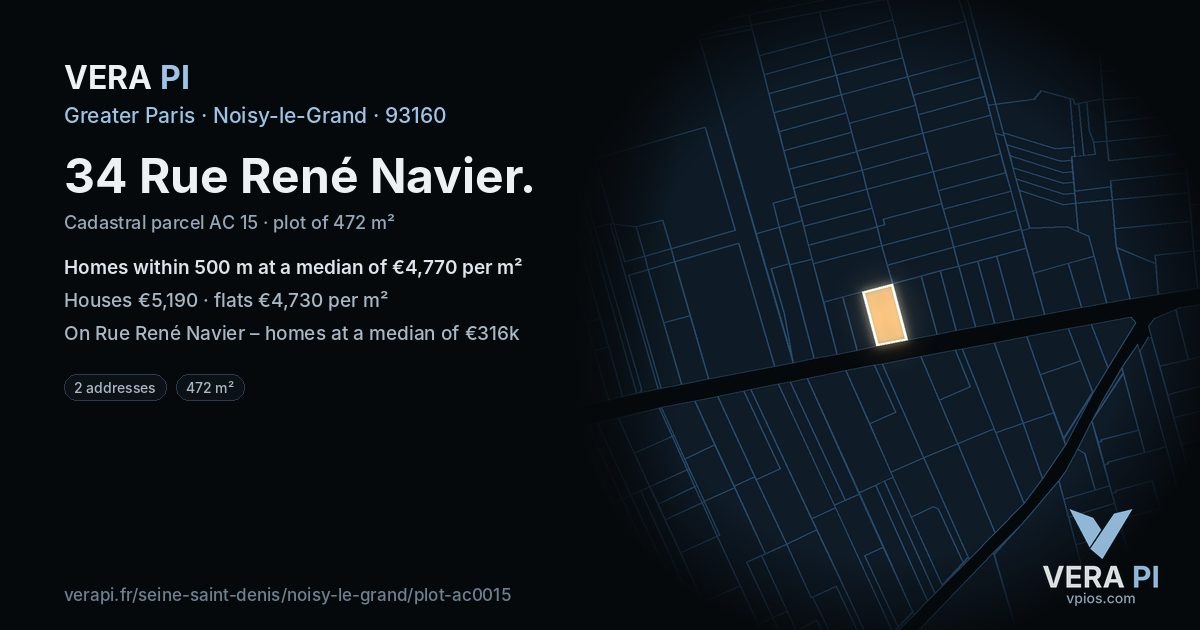 34 Rue René Navier, Noisy-le-Grand at night – the plot lit, the parcels around coloured by the prices near them
