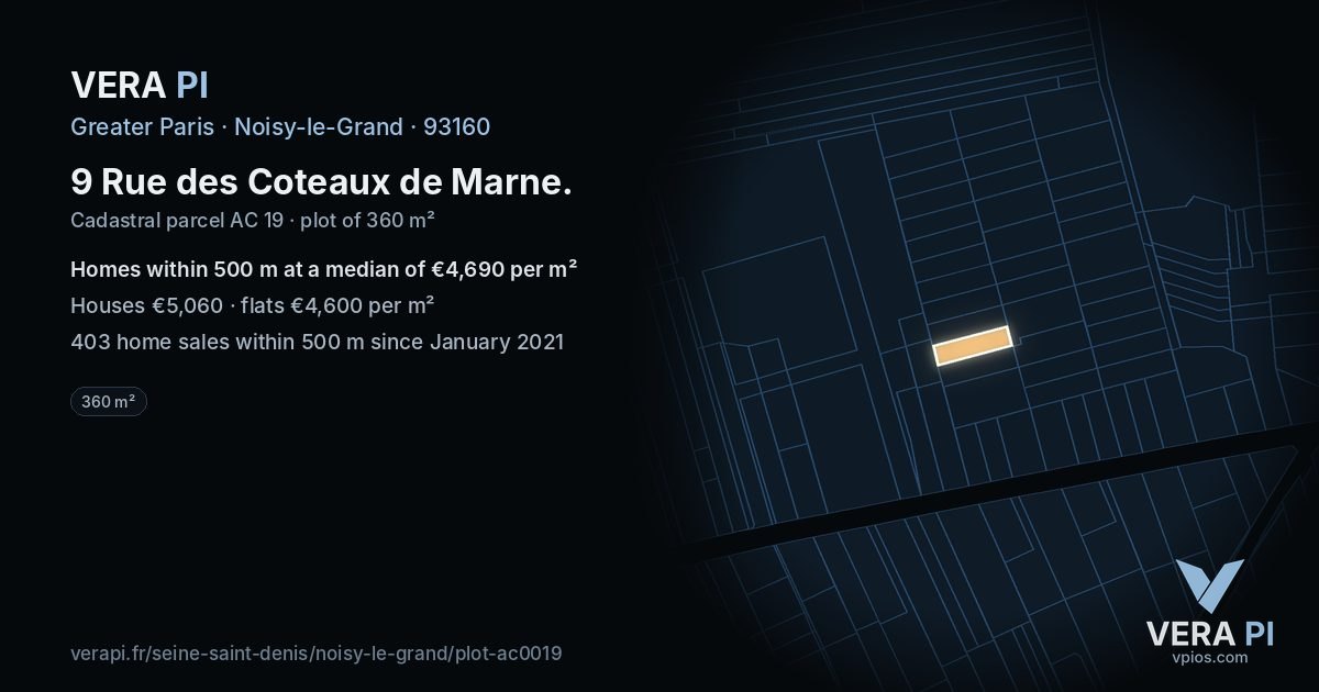 9 Rue des Coteaux de Marne, Noisy-le-Grand at night – the plot lit, the parcels around coloured by the prices near them