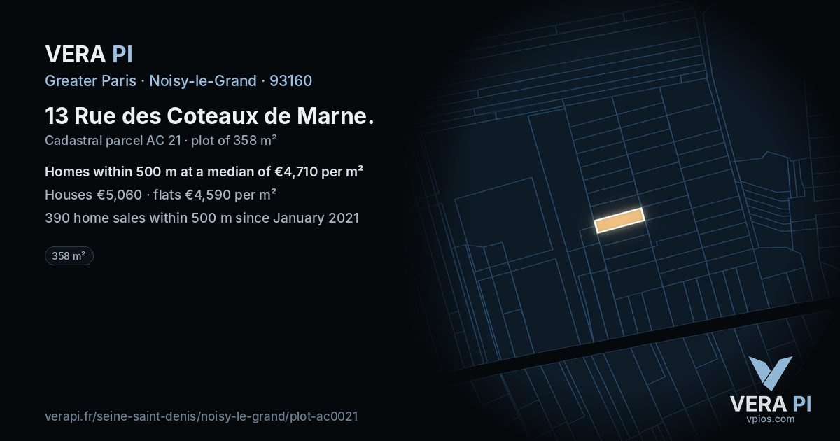 13 Rue des Coteaux de Marne, Noisy-le-Grand at night – the plot lit, the parcels around coloured by the prices near them