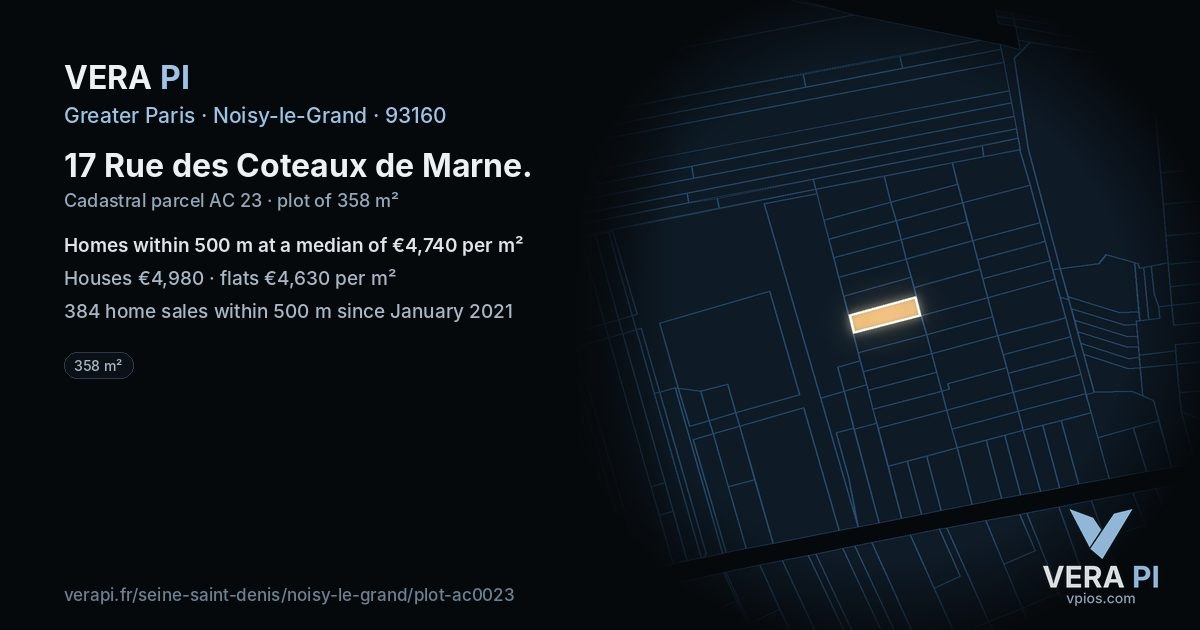 17 Rue des Coteaux de Marne, Noisy-le-Grand at night – the plot lit, the parcels around coloured by the prices near them