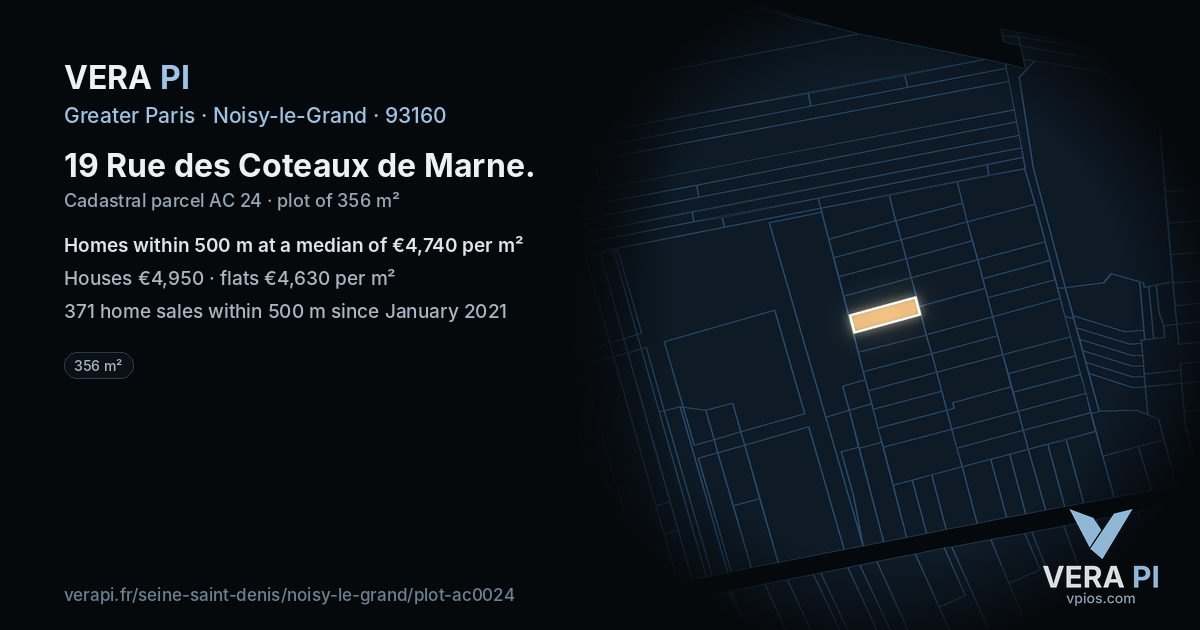 19 Rue des Coteaux de Marne, Noisy-le-Grand at night – the plot lit, the parcels around coloured by the prices near them
