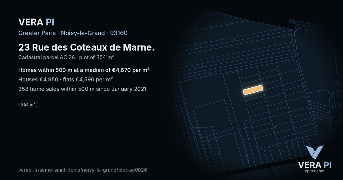 23 Rue des Coteaux de Marne, Noisy-le-Grand at night – the plot lit, the parcels around coloured by the prices near them