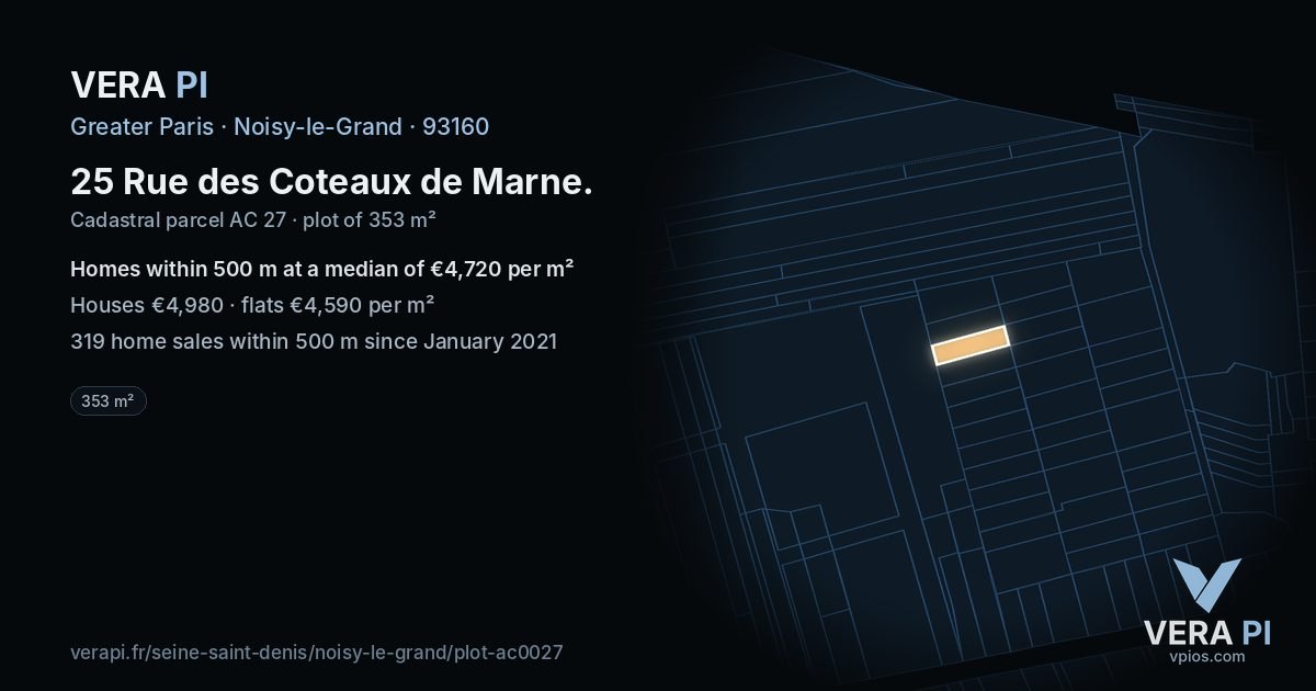 25 Rue des Coteaux de Marne, Noisy-le-Grand at night – the plot lit, the parcels around coloured by the prices near them