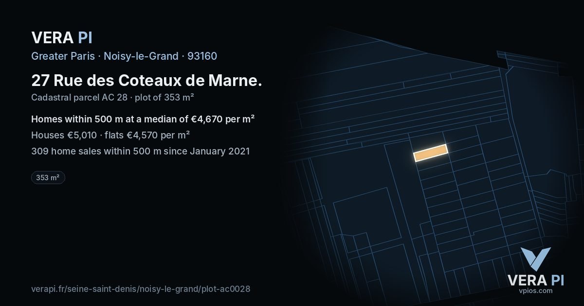 27 Rue des Coteaux de Marne, Noisy-le-Grand at night – the plot lit, the parcels around coloured by the prices near them