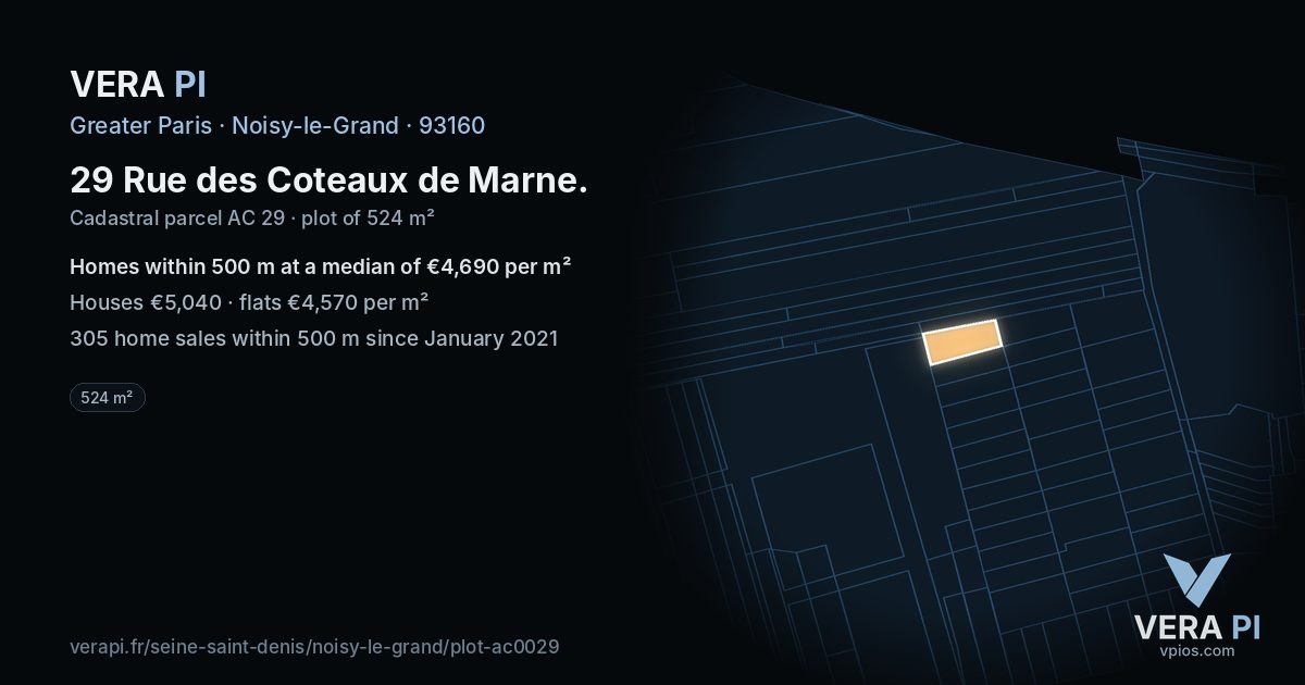 29 Rue des Coteaux de Marne, Noisy-le-Grand at night – the plot lit, the parcels around coloured by the prices near them