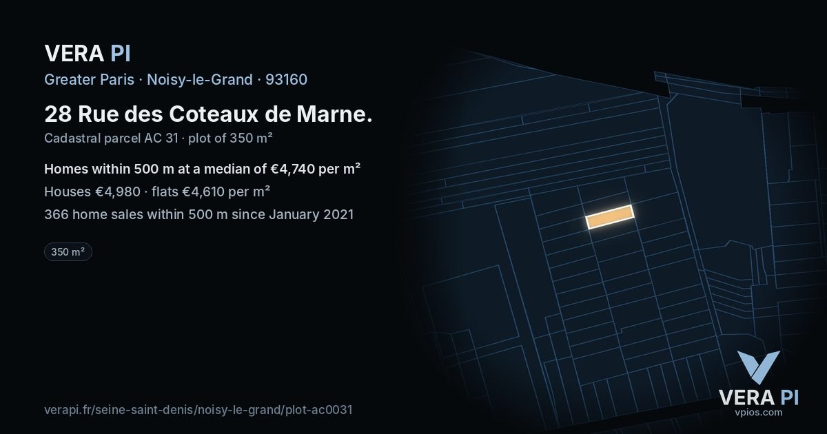28 Rue des Coteaux de Marne, Noisy-le-Grand at night – the plot lit, the parcels around coloured by the prices near them