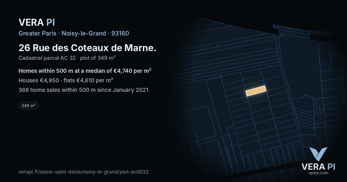26 Rue des Coteaux de Marne, Noisy-le-Grand at night – the plot lit, the parcels around coloured by the prices near them