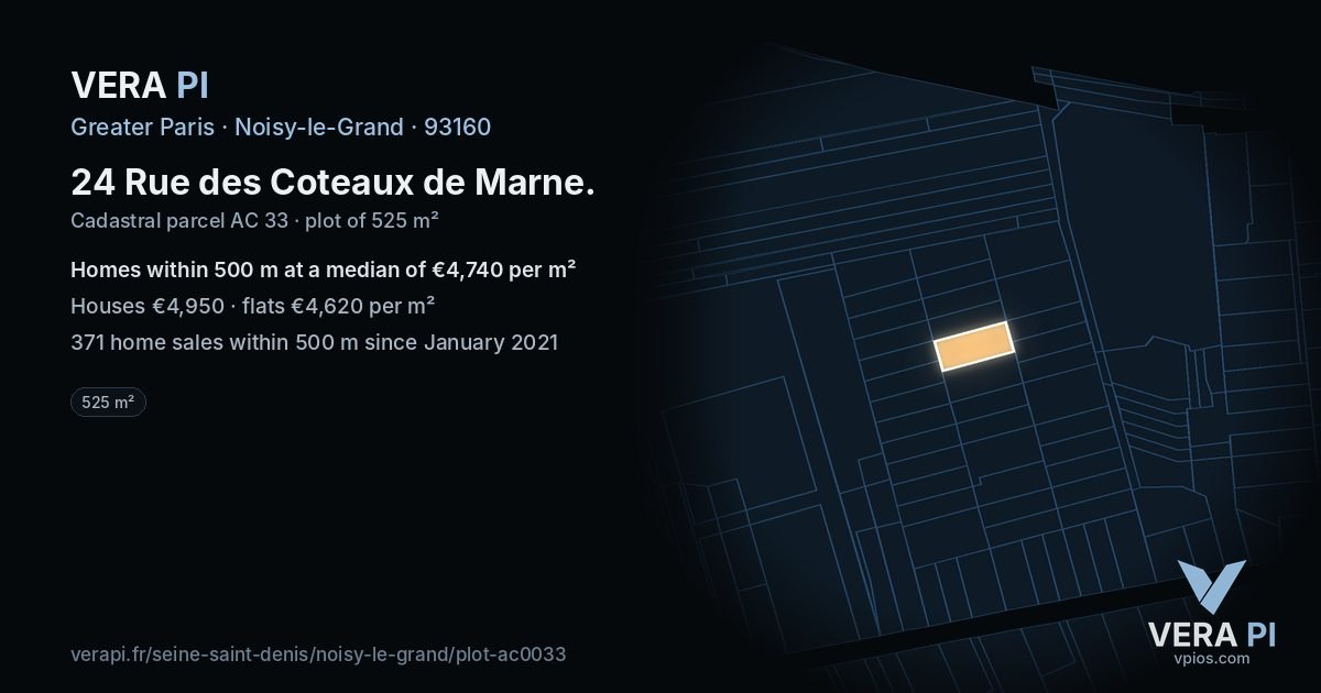 24 Rue des Coteaux de Marne, Noisy-le-Grand at night – the plot lit, the parcels around coloured by the prices near them