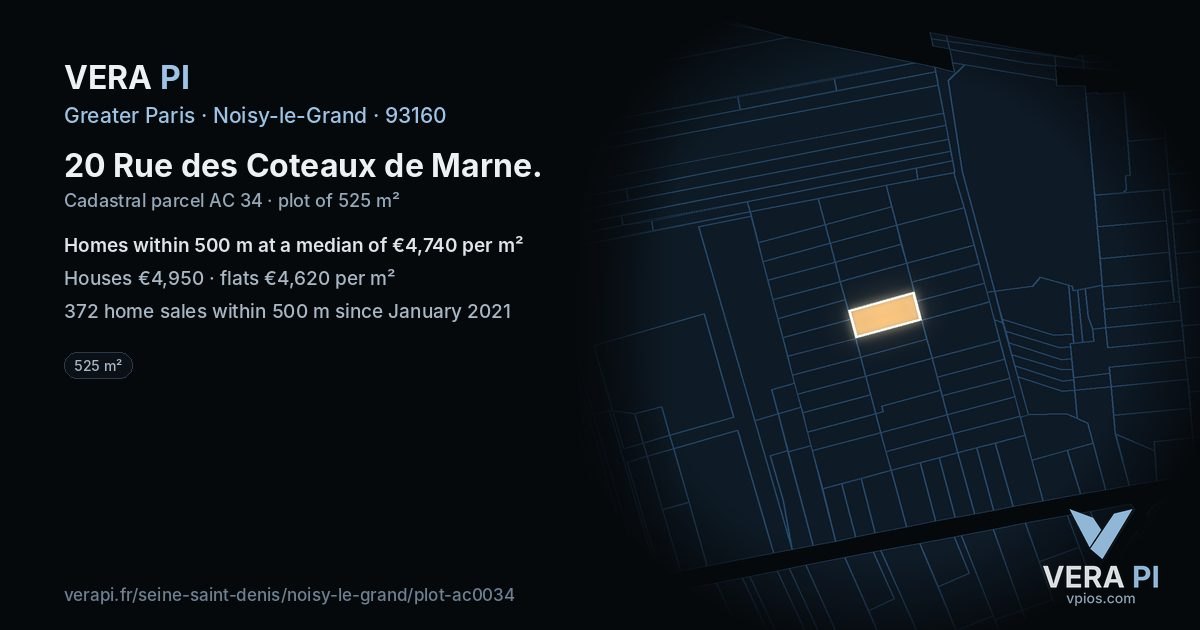 20 Rue des Coteaux de Marne, Noisy-le-Grand at night – the plot lit, the parcels around coloured by the prices near them