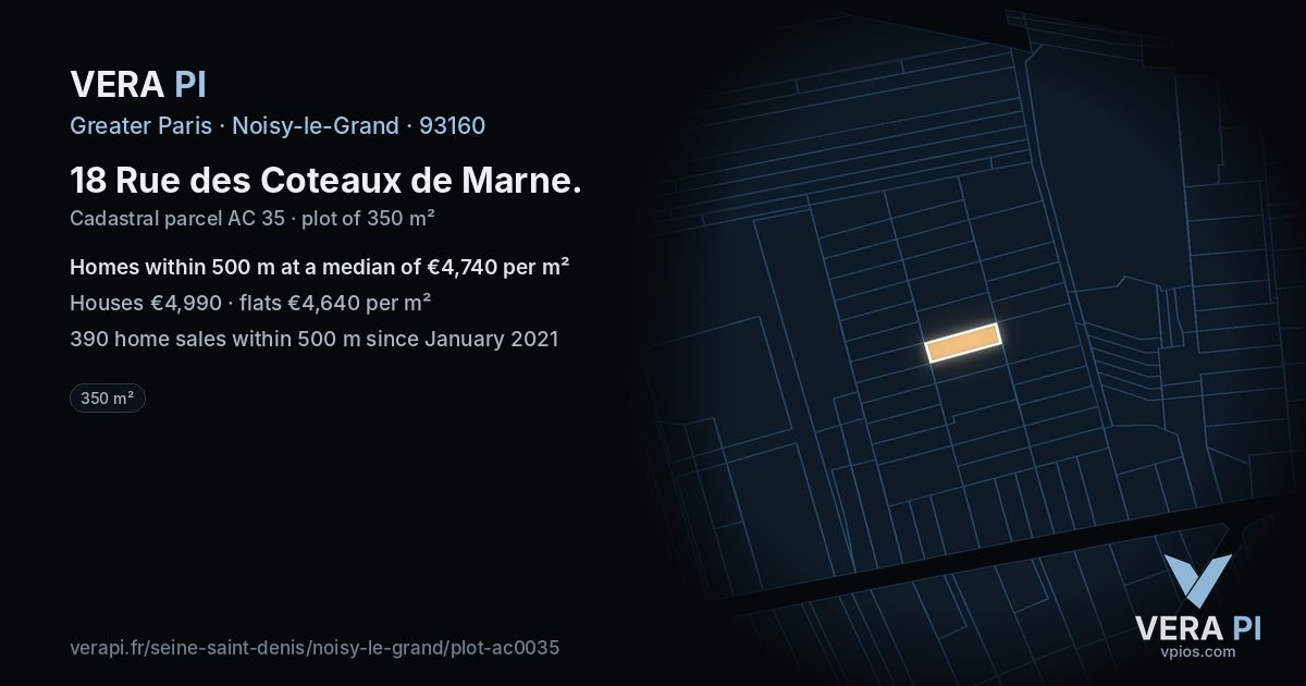 18 Rue des Coteaux de Marne, Noisy-le-Grand at night – the plot lit, the parcels around coloured by the prices near them