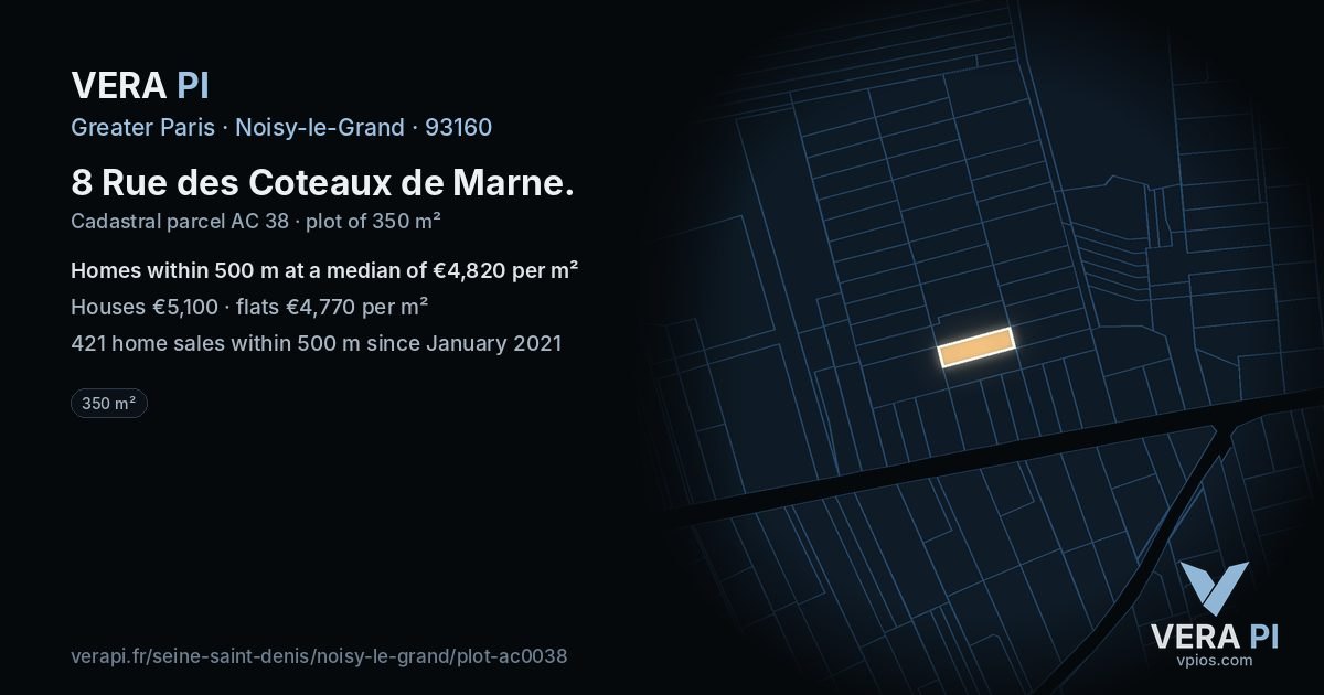 8 Rue des Coteaux de Marne, Noisy-le-Grand at night – the plot lit, the parcels around coloured by the prices near them