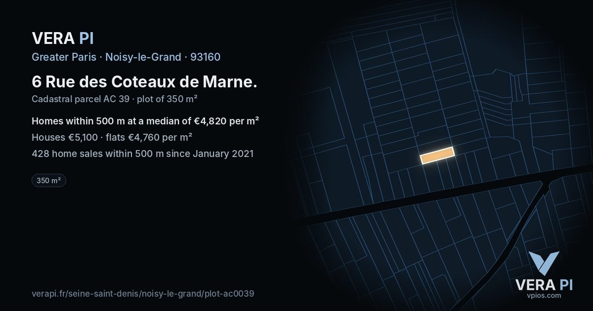 6 Rue des Coteaux de Marne, Noisy-le-Grand at night – the plot lit, the parcels around coloured by the prices near them
