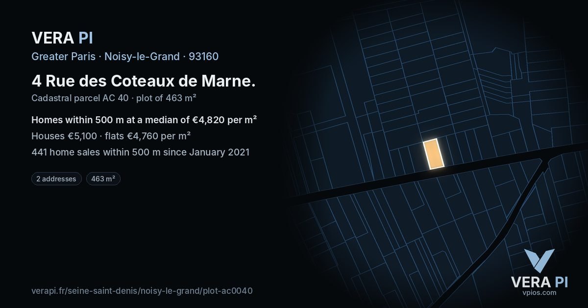4 Rue des Coteaux de Marne, Noisy-le-Grand at night – the plot lit, the parcels around coloured by the prices near them