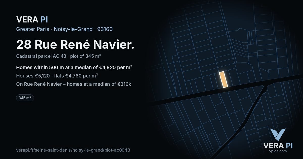 28 Rue René Navier, Noisy-le-Grand at night – the plot lit, the parcels around coloured by the prices near them